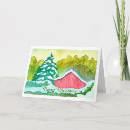 Watercolor Red Barn Winter Snö God jul Helgkort