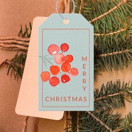 Watercolor Red Berries God jul Blue Mint Presentetikett