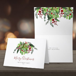 Watercolor Red Berries Greenery jul Helgkort