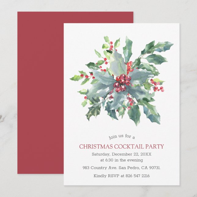 Watercolor Red Berries Holly jul Party Inbjudningar (Fram/baksida)