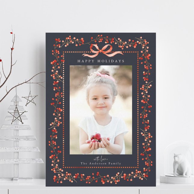 Watercolor Red Berry Ram Photo Navy Jul Julkort (Skapare uppladdad)