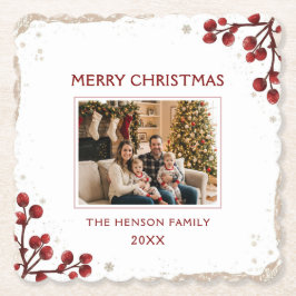 Watercolor Red Berry Winter Wreath Family Photo Underlägg Papper