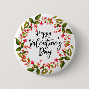 Watercolor Red Blommigt och Greenery Valentine Knapp