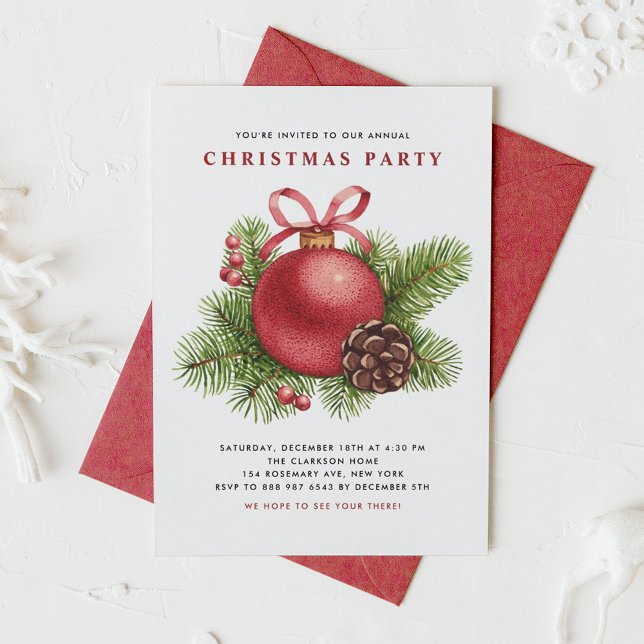 Watercolor Red Boll Ornamet jul Party Inbjudningar (Skapare uppladdad)