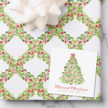 Watercolor Red Bow Christmas Tree
