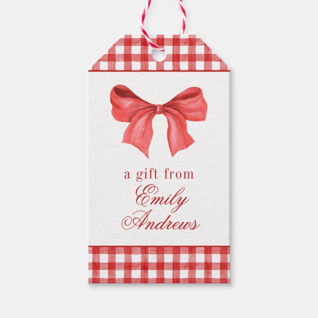 Watercolor Red Bow Gingham Presentetikett (Framsidan)