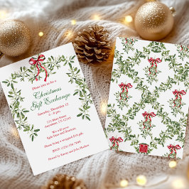 Watercolor Red Bow Mistletoe Garland jul Inbjudningar