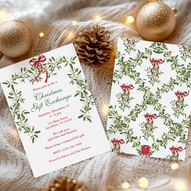 Watercolor Red Bow Mistletoe Garland jul Inbjudningar (Skapare uppladdad)
