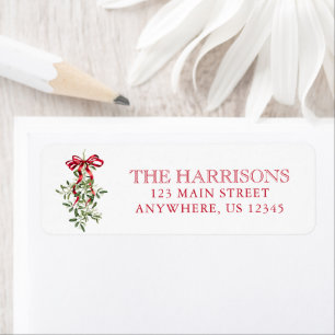 Watercolor Red Bow Mistletoe jul Adress Returadress Etikett