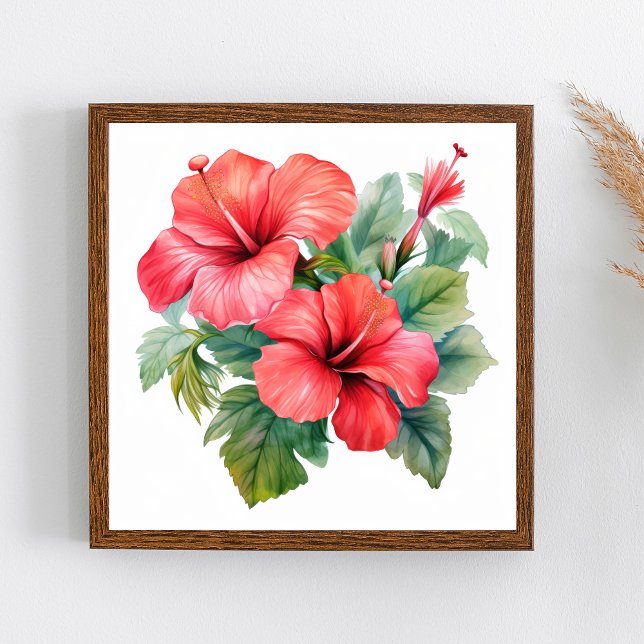 Watercolor Red Bright Hibiscus Blommigt Greenery Poster (Red Hibiscus Tropical Floral Wall Art Print poster)
