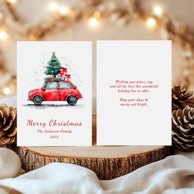 Watercolor Red Car with Tree and Gifts Christmas Julkort (Skapare uppladdad)