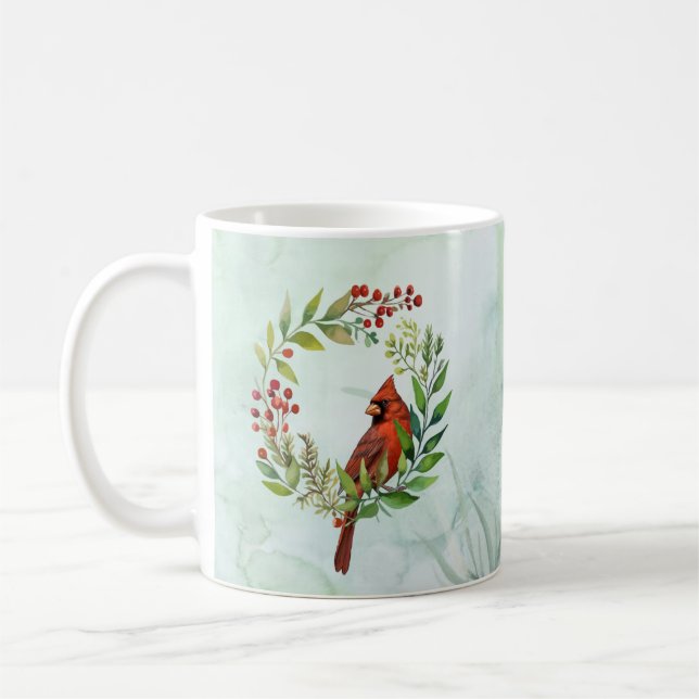 Watercolor Red Cardinal Bird Wreath Christmas Kaffemugg (Vänster)