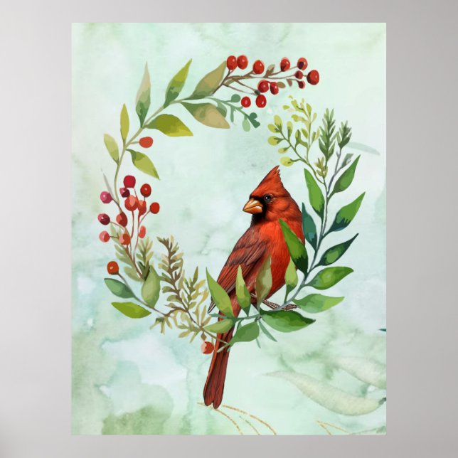 Watercolor Red Cardinal Bird Wreath Christmas Poster (Framsidan)