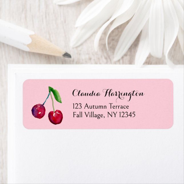 Watercolor Red Cherries Cute Coquette Adress Returadress Etikett (Insitu)