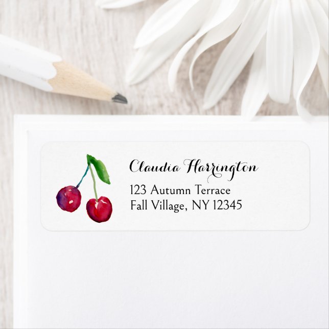 Watercolor Red Cherries Cute Coquette Adress Returadress Etikett (Insitu)
