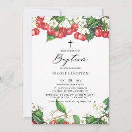 Watercolor Red Cherries Garland Baptism Inbjudningar