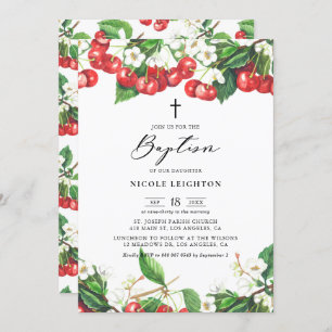 Watercolor Red Cherries Garland Baptism Inbjudningar