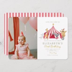 Watercolor Red Circus Photo Carnival Baby Birthday Inbjudningar