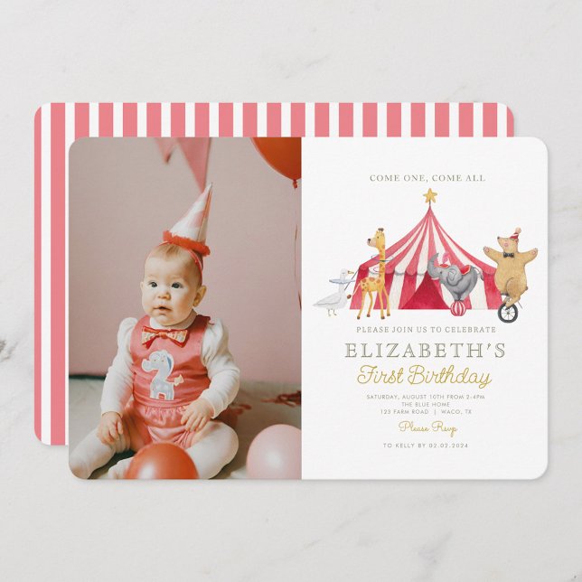Watercolor Red Circus Photo Carnival Baby Birthday Inbjudningar (Skapare uppladdad)