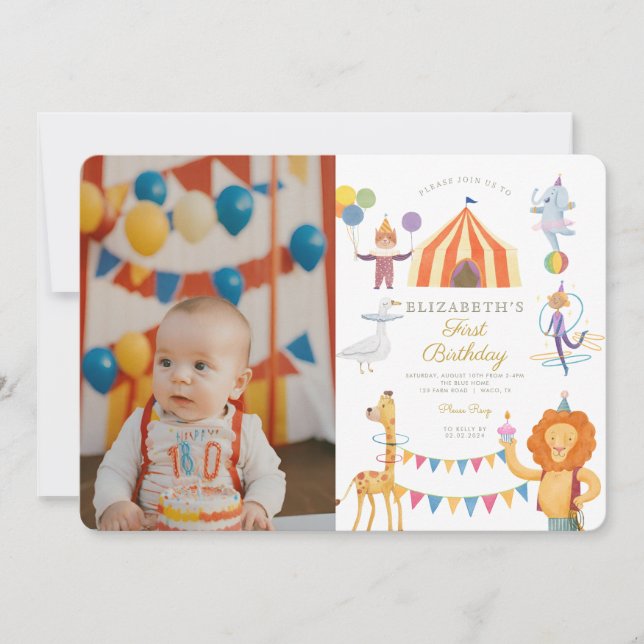Watercolor Red Circus Photo Carnival Baby Birthday Inbjudningar (Framsida)