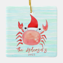 Watercolor Red Crab Santa Hat Beach jul Julgransprydnad Keramik