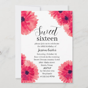 Watercolor Red Dahlia Daisy Sweet 16 Sexton Inbjudningar