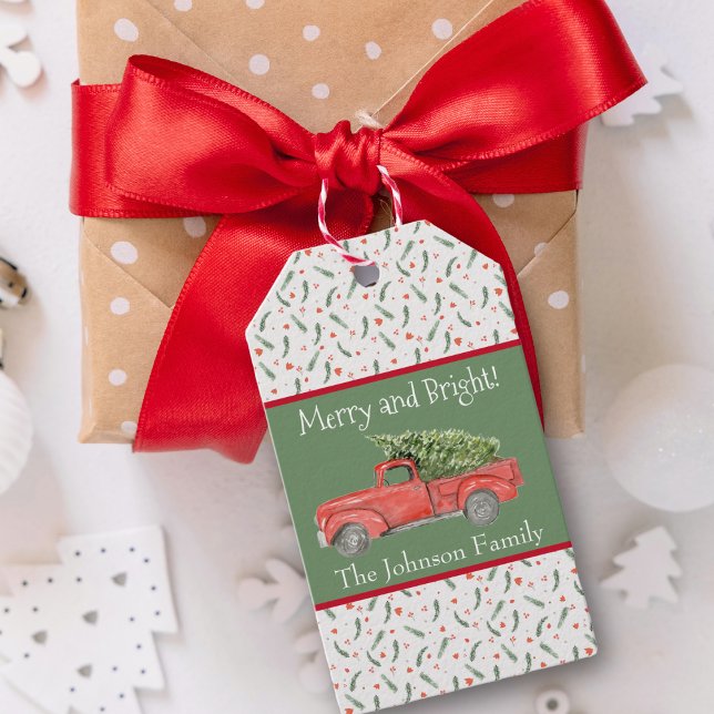 Watercolor Red Farm Lastbil Holly Merry och Bright Presentetikett (Skapare uppladdad)