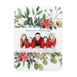 Watercolor Red Flowers Winter Greenery Photo Magnet