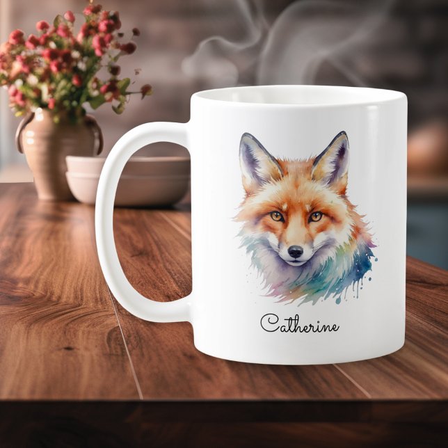 Watercolor Red Fox Wildlife Animal Personalized Kaffemugg (A mug with red fox illustration in a watercolor style, personalized with a name in script typography)