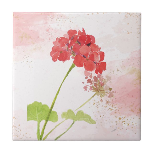 Watercolor Red Geranium Garden Flowers Kakelplatta (Framsidan)