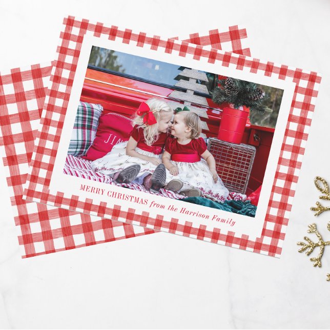 Watercolor Red Gingham Photo jul Julkort (Skapare uppladdad)