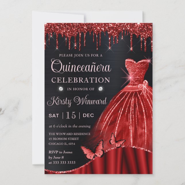 Watercolor Red Glitter Dress Quinceanera Inbjudningar (Framsida)