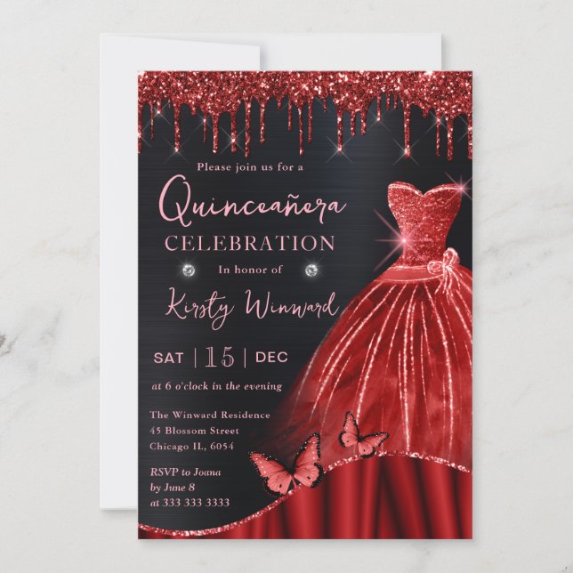 Watercolor Red Glitter Dress Quinceanera Inbjudningar (Framsida)