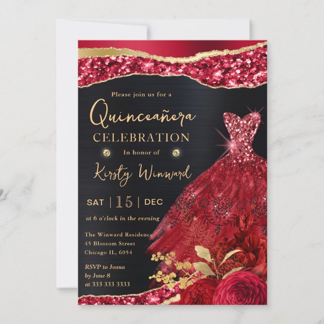 Watercolor Red & Guld Glitter Dress Quinceanera Inbjudningar (Framsida)