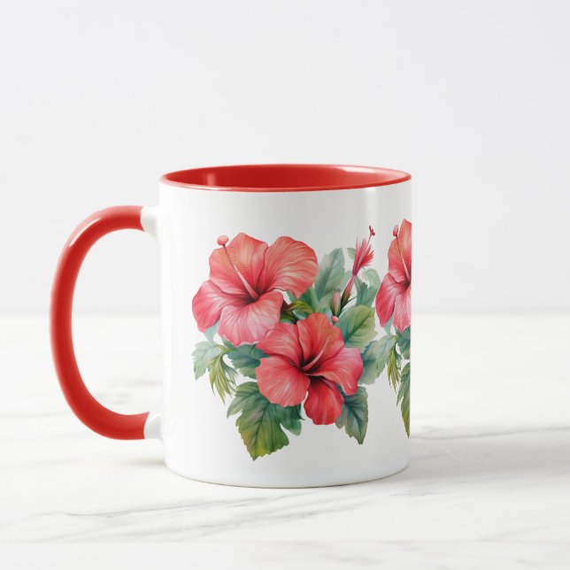 Watercolor Red Hibiscus Tropical Blommigt Greenery Mugg (Vänster)