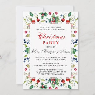 Watercolor Red Holly Berry jul Party Inbjudningar