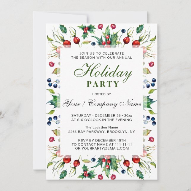 Watercolor Red Holly Berry Julfest Inbjudningar (Framsida)