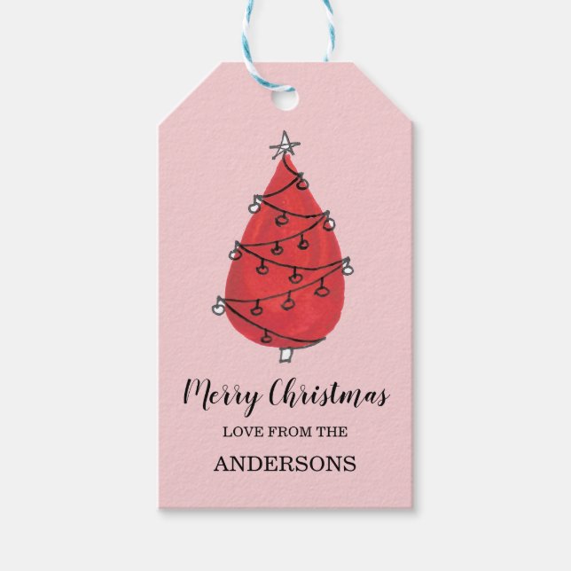 Watercolor Red Julgran Presentetikett (Framsidan)