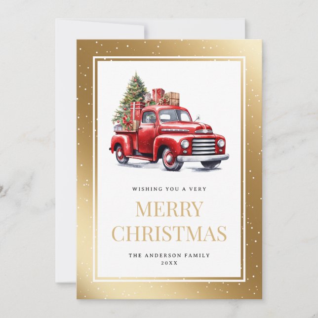 Watercolor Red Lastbil Guld Snowy jul Julkort (Framsida)