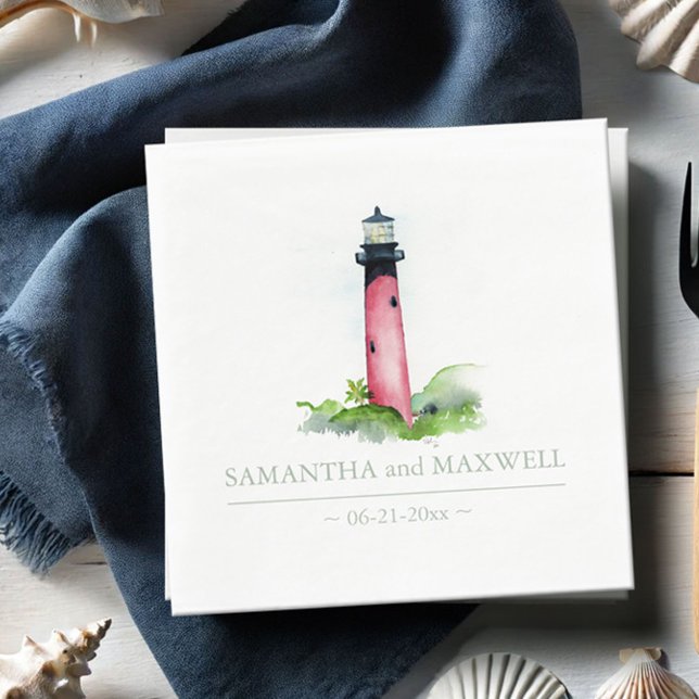 Watercolor Red Lighthouse Beach Wedding Pappersservett (Jupiter lighthouse personalized napkins watercolor art by Victoria Grigaliunas of Do Tell A Belle)