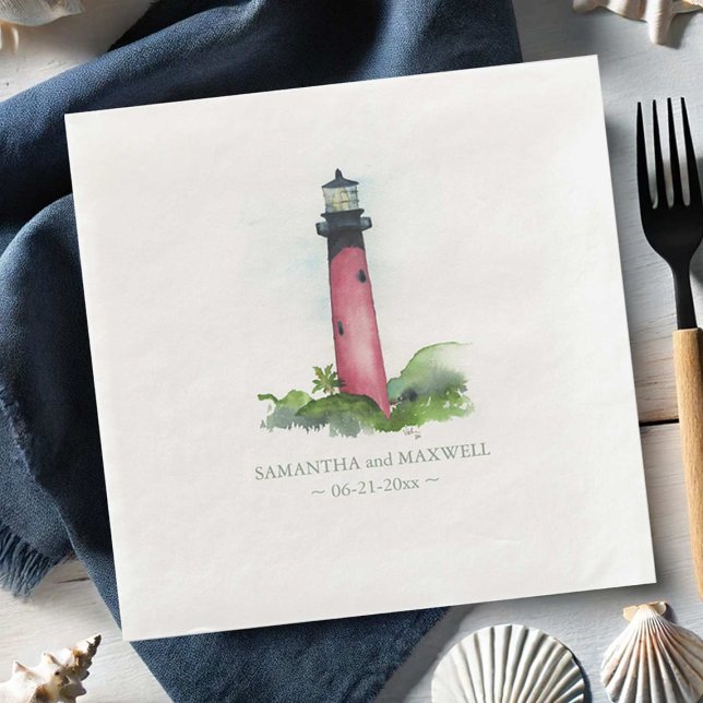 Watercolor Red Lighthouse Beach Wedding Pappersservett (Beach wedding napkins watercolor nautical lighthouse art by Victoria Grigaliunas of Do Tell A Belle)