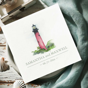 Watercolor Red Lighthouse Beach Wedding Pappersservett