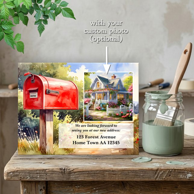 Watercolor Red Mailbox New Home Moving Vykort (Rustic watercolor country red mailbox relocation or new home announcement postcard)