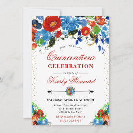 Watercolor Red och Blåa blommor Quinceanera Inbjudningar