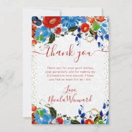 Watercolor Red och Blåa blommor Quinceanera Tack Kort