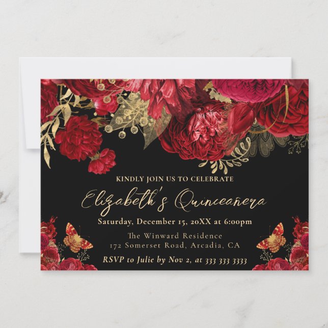 Watercolor Red och Guld Flowers Quinceanera Inbjudningar (Framsida)