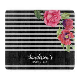 Watercolor Red och Rosa Flowers Black Grått Rand