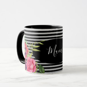 Watercolor Red och Rosa Flowers Black Grått Rand Mugg