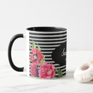 Watercolor Red och Rosa Flowers Black Grått Rand Mugg