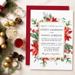 Watercolor Red Poinsettia Blommigt Greenery Bröllo Inbjudningar<br><div class="desc">Elegant Watercolor Poinsettia Blommigt Greenery Wedding Investigation omfattar röda poinsettias,  eukalyptus löv,  gräs cones,  gräs nål,  bomull,  hollybär och andra vackra botaniska grejer på vintern. Guld Ram. Rödryggen.</div>